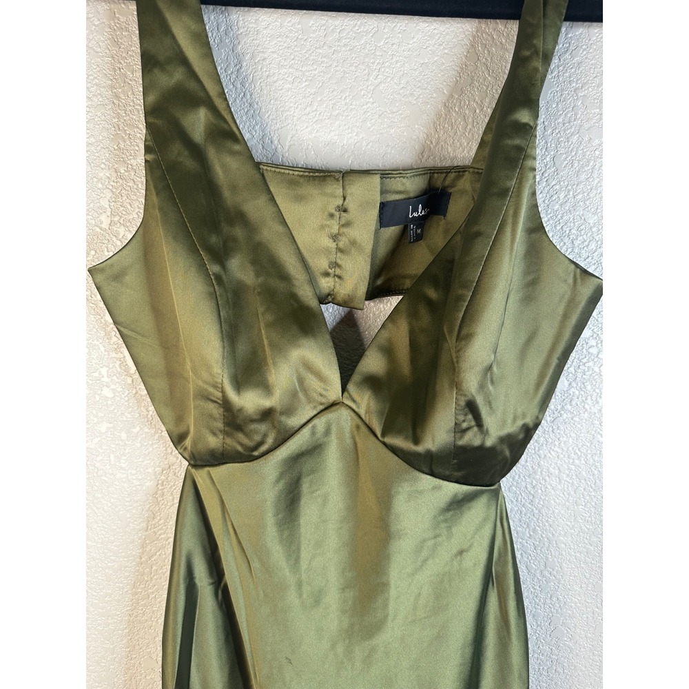 Lulus Unmatched Elegance Olive Green Satin Back Cutout Midi Dress Size Medium - Picture 7 of 11